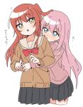  2girls :o black_skirt blue_eyes blush bocchi_the_rock! bow bowtie brown_sweater closed_mouth commentary_request cropped_legs dot_nose gotoh_hitori green_eyes haru_(konomi_150) highres hug hug_from_behind jacket kita_ikuyo long_hair long_sleeves multiple_girls one_side_up open_mouth pink_hair pink_jacket pleated_skirt red_bow red_bowtie red_hair sailor_collar school_uniform serafuku shuka_high_school_uniform simple_background skirt sweater track_jacket translated white_background white_sailor_collar yuri 