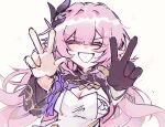  1girl bilizinger black_gloves black_shrug breasts chinese_commentary cleavage commentary_request corset double_w elf elysia_(honkai_impact) elysia_(miss_pink_elf)_(honkai_impact) gloves hair_ornament highres honkai_(series) honkai_impact_3rd large_breasts long_hair pink_hair pointy_ears shrug_(clothing) simple_background single_glove smile solo very_long_hair w white_background white_corset 