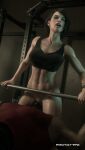  1boy 1girl abs beard chris_redfield cunnilingus exercising facial_hair fitness_gym gym_shirt gym_uniform hetero highres jill_valentine muscular muscular_male oral resident_evil sex sexual_exercising shirt toned toned_female weightlifting weights x_prototype_xx 