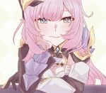  1girl black_shrug blue_eyes breasts cleavage commentary_request corset elf elysia_(honkai_impact) elysia_(miss_pink_elf)_(honkai_impact) h3_hk hand_on_own_cheek hand_on_own_face highres honkai_(series) honkai_impact_3rd long_hair looking_at_viewer medium_breasts pink_hair pointy_ears shrug_(clothing) simple_background smile solo very_long_hair white_background white_corset 