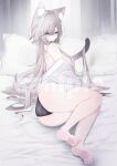  1girl animal_ear_fluff animal_ears animal_feet animal_hands anoyo_(anoyode0) arched_back ass bare_legs bare_shoulders barefoot bed black_panties blush breasts cat_ears cat_girl cat_paws cat_tail clothes_down commentary_request covered_nipples full_body furry furry_female grey_eyes grey_hair hair_between_eyes hair_intakes hair_over_breasts hair_over_one_breast hair_over_shoulder heart highres large_breasts long_hair looking_at_viewer lying mole mole_under_eye on_bed on_side open_mouth original panties parted_lips pillow sample_watermark shirt shoulder_blush soles solo tail teeth thighhighs thighs underwear upper_teeth_only very_long_hair watermark white_background white_shirt 