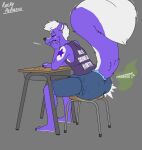 3_toes 4_fingers anthro big_diaper big_tail black_nails black_nose blue_bottomwear blue_clothing blue_shorts bottomwear chair clothed clothing colored_nails desk diaper diaper_under_clothing english_text eyebrows eyes_closed feces feet fingers fluffy fluffy_tail fur furniture graffiti hair hand_on_face hi_res male mammal markings mephitid nails onomatopoeia poofbuttrocky pooping purple_body purple_clothing purple_ears purple_fur purple_shirt purple_topwear raised_tail school_desk shirt shorts signature sitting skunk smelly solo sound_effects star_(gibsonscratch) star_(marking) stink_fumes table tail text text_on_clothing text_on_shirt text_on_topwear toes topwear vowelless vowelless_sound_effect vowelless_vocalization wearing_diaper white_body white_fur white_hair