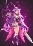  1girl bandaged_leg bandages breasts commentary_request dress hairband highres hiruga_agurih honkai_(series) honkai_impact_3rd long_hair magical_girl oversized_object purple_eyes purple_hairband scissors sirin sirin_(miracle_magical_girl) small_breasts solo thigh_strap thighs toes very_long_hair white_dress yellow_eyes 