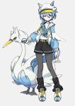  1girl alternate_costume animal_ears bird black_shorts black_socks blue_eyes blue_hair blue_sleeves closed_mouth commentary_request dive_ball ear_covers ears_through_headwear fanny_pack full_body grey_pantyhose hair_between_eyes hat highres holding holding_poke_ball horse_ears horse_girl horse_tail jacket k.s.miracle_(umamusume) long_sleeves looking_at_viewer loose_socks open_clothes open_jacket pantyhose pantyhose_under_shorts poke_ball pokemon pokemon_(creature) saramiao-chan shirt shoes short_hair shorts simple_background single_ear_cover smile socks swan swanna tail umamusume white_jacket white_shirt 