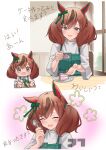  1girl ^_^ absurdres alternate_costume animal_ears blush bow breasts brown_eyes brown_hair cake cake_slice chibi chibi_inset closed_eyes commentary ear_bow ear_covers ear_ribbon feeding food green_bow green_ribbon hair_between_eyes highres holding holding_spoon horse_ears horse_girl jtleeklm long_hair long_sleeves looking_at_viewer medium_hair multicolored_hair multiple_views nice_nature_(umamusume) open_mouth revision ribbon shirt simple_background smile spoon streaked_hair translation_request twintails umamusume white_background white_shirt 