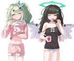  2girls absurdres aqua_halo bare_shoulders black_camisole black_hair bow breasts brushing_teeth camisole cleavage commentary green_bow green_eyes green_hair hair_bow halo harveythenerdy highres holding holding_toothbrush long_hair medium_hair midriff multiple_girls multiple_hair_bows nangong_yu navel one_eye_closed panties pink_shorts pink_sweater purple_eyes shorts simple_background small_breasts strap_slip sunna_(zenless_zone_zero) sweater thighs toothbrush underwear white_background white_panties white_wings wings zenless_zone_zero 