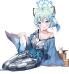  1girl animal_ears aqua_hair blue_archive blue_halo blue_haori blue_sash blush breasts cleavage commentary crossed_bangs dobostorte grey_kimono halo haori highres japanese_clothes kimono looking_at_viewer official_alternate_costume official_alternate_hairstyle open_mouth purple_eyes sash shigure_(blue_archive) shigure_(hot_spring)_(blue_archive) short_hair short_twintails single_bare_shoulder solo tail twintails untranslatable_commentary weasel_ears weasel_girl weasel_tail 