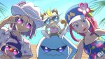  1boy 1girl :d blue_eyes blue_hair blue_hat blue_tank_top closed_mouth clothed_pokemon collared_shirt commentary cosplay earrings english_commentary fangs floral_print floral_print_shirt flower hat hat_flower james_(pokemon) jessie_(pokemon) jewelry long_bangs long_hair looking_at_viewer meowth mime_jr. mr._windychu mr._windychu_(cosplay) ms._wavychu ms._wavychu_(cosplay) pants pikachu pokemon pokemon_(anime) pokemon_(creature) pokemon_ww purple-tinted_eyewear red_hair sergiromero shirt short_hair short_sleeves smile sphere_earrings sunglasses tank_top team_rocket tinted_eyewear white-framed_eyewear wobbuffet 