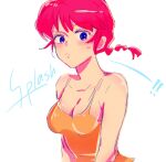  1girl bare_shoulders blue_eyes braid breasts cleavage closed_mouth commentary english_commentary english_text frown garnel_(letsgotomato11) highres implied_transformation pink_hair ranma-chan ranma_1/2 solo tank_top upper_body white_background yellow_tank_top 