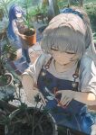  2girls absurdres alternate_costume apron blue_eyes blue_hair bottle branch bronya_rand commentary_request dappled_sunlight flower_pot garden grey_eyes grey_hair highres holding holding_flower_pot holding_scissors honkai:_star_rail honkai_(series) leaf long_hair multiple_girls pants plant ponytail robizou_(robizou285) scissors seele_(honkai:_star_rail) shirt shoes sidelocks spray_bottle sunlight table very_long_hair 