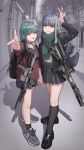  2girls absurdres ar-15 assault_rifle backpack bag bcm_mcmr black_bag black_jacket black_shoes black_skirt black_socks bright_pupils brown_eyes closed_mouth ear_piercing finger_gun full_body geissele_urg-i green_hair green_scarf grey_hair gun gun_sling highres holding_hands jacket long_hair looking_at_viewer m4_carbine mole mole_under_eye multiple_girls nyo551 original outdoors piercing pink_eyes pleated_skirt red_sweater rifle scarf school_bag school_uniform shoes short_hair skirt smile sneakers socks suppressor sweater tongue tongue_out v weapon white_pupils 