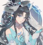  1girl absurdres aegyo_sal beads blue_eyes blue_flower blue_gloves brown_hair choker collarbone commission eyelashes flower gem_hat_ornament gloves hair_flower hair_ornament hat hat_ornament highres lips long_hair looking_at_viewer mihuashi_commission original parted_bangs parted_lips partially_fingerless_gloves pointy_ears ringlets solo upper_body veil watermark white_veil yihuo_tou_mei_tou 