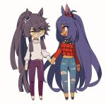  2girls animal_ears bandaid bandaid_on_face bandaid_on_nose black_hair blush closed_mouth dark-skinned_female dark_skin deformed denim ear_scrunchie fang hair_between_eyes hair_ornament hairclip hand_grab highres hishi_amazon_(casual)_(umamusume) hishi_amazon_(umamusume) horse_ears horse_girl horse_tail hwipa_(param_blue) jeans long_hair long_sleeves midriff multiple_girls narita_brian_(casual)_(umamusume) narita_brian_(umamusume) open_mouth pants ponytail purple_pants red_eyes red_scrunchie red_shirt scrunchie shirt simple_background smile sweater tail torn_clothes torn_jeans torn_pants umamusume very_long_hair white_background white_sweater yellow_eyes 