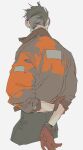  1boy black_hair bomber_jacket buzz_cut cowboy_shot disco_elysium facing_away from_behind gloves hand_on_own_arm highres jacket kim_kitsuragi male_focus mgong520 orange_gloves orange_jacket short_hair solo very_short_hair 