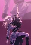  1girl 7-string_guitar absurdres anco_(platanity) bang_dream! bang_dream!_it's_mygo!!!!! black_boots blonde_hair boots commentary electric_guitar extended_range_guitar grey_jacket grey_shorts guitar guitar_strap highres holding holding_guitar holding_instrument holding_plectrum instrument jacket light_particles medium_hair misumi_uika plectrum shorts solo thigh_strap untranslatable_commentary 