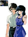  1boy 1girl aviator_sunglasses belt black_hair black_pants blue_dress blue_eyes blue_hair bottle_1223 bracelet commentary_request dog_tags dress fa_yuiry glasses gundam highres holding_hands iczer_(series) jewelry kamille_bidan korean_commentary necklace pants shirt short_hair short_sleeves smile sunglasses tatakae!!_iczer-1 white_shirt zeta_gundam 