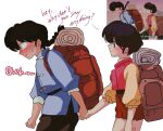  1boy 1girl anime_screenshot_inset backpack bag bandaid bandaid_on_cheek bandaid_on_face black_hair blush braid brown_bag chinese_clothes closed_mouth commentary english_text film_grain from_side garnel_(letsgotomato11) hetero holding_hands ranma_1/2 saotome_ranma screenshot_inset short_hair single_braid tendou_akane white_background 