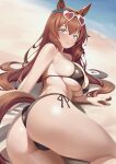  ass ass_focus beach blue_eyes breasts brown_hair brown_swimsuit commentary english_commentary eyewear_on_head green_eyes hair_ribbon half_naked heart heart-shaped_eyewear highres huge_ass large_breasts looking_at_viewer looking_back maruzensky_(umamusume) ribbon simple_background summer swimsuit umamusume zarkua_exe 