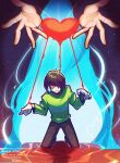  2others :| alternate_skin_color artist_name blood blood_from_eyes brown_hair closed_mouth commentary_request deltarune disembodied_hand full_body glowing green_shirt hair_over_one_eye halftone heart highres kana_(kanaice) kneeling kris_(deltarune) looking_at_viewer multiple_others pool_of_blood puppet_strings red_eyes shirt short_hair signature soul_(deltarune) spread_fingers utdr_(toby_fox) 