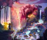  1girl 2025 3boys absurdres animal_ear_headphones animal_ears arin_(ninjago) arms_behind_back artist_name blonde_hair cat_ear_headphones cat_ears cattail cherry_blossoms cliff commentary dragon english_commentary fake_animal_ears ghost green_headband hat headband headphones highres lego_minifig lily_pad lloyd_garmadon moss multiple_boys ninjago ninjago:_dragons_rising outdoors petals pink_petals plant rice_hat riyu_(ninjago) rock scenery sky sora_(ninjago) speedythecat star_(sky) starry_sky statue sword tree water waterfall weapon wu_(ninjago) 