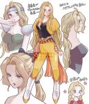  1girl armor black_shirt blonde_hair blue_eyes blue_headband blue_ribbon boots braid breasts celes_chere cleavage cropped_jacket final_fantasy final_fantasy_vi green_leotard hair_ornament hair_ribbon headband highres ika_okura_66 jacket layered_sleeves leotard long_hair medium_breasts multi-tied_hair multiple_views panties parted_bangs parted_lips ponytail puffy_short_sleeves puffy_sleeves ribbon sash shirt short_sleeves shoulder_armor solo twin_braids underwear waist_sash white_background white_boots yellow_jacket yellow_panties 