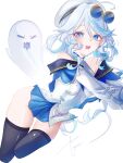  1girl absurdres ahoge artist_name bare_shoulders black_thighhighs blue-tinted_eyewear blue_eyes blue_hair blue_skirt blush boo_tao_(genshin_impact) breasts chinese_clothes commentary cowlick drop-shaped_pupils eyelash_ornament eyewear_on_head furina_(genshin_impact) genshin_impact hair_between_eyes hat heterochromia highres hu_tao_(cherries_snow-laden)_(genshin_impact) hu_tao_(genshin_impact) li_lll_il long_hair long_sleeves looking_at_viewer miniskirt mismatched_pupils multicolored_hair open_mouth pleated_skirt round_eyewear signature simple_background skindentation skirt solo streaked_hair symbol-shaped_pupils thighhighs thighs tinted_eyewear untranslatable_commentary white_background white_hair white_hat worried yellow-framed_eyewear zettai_ryouiki 
