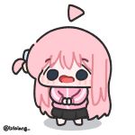  1girl ahoge black_skirt blank_stare blue_eyes bocchi_the_rock! chibi chibi_only detached_ahoge full_body gotoh_hitori highres jacket long_hair looking_at_viewer lulalang one_side_up open_mouth own_hands_together pink_hair pink_jacket raised_inner_eyebrows simple_background skirt solo standing twitter_username white_background 