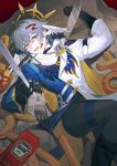  1boy bishounen black_gloves blush commentary_request cowboy_shot food fork french_fries gloves halo head_wings heinz highres honkai:_star_rail honkai_(series) knife lying male_focus on_back onion_rings open_mouth sauce solo sunday_(honkai:_star_rail) wings yellow_eyes yu1lan2 
