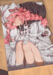  :< bandage_on_knee black_scarf bow box braid cat_girl dress frilled_dress frills hair_bow hair_ornament hairclip hat hat_with_ears head_on_pillow highres in_box in_container mittens naruto_maki_(naruto05) original own_hands_together pillow pink_eyes pink_hair pom_pom_(clothes) red_bow sample_watermark scarf stuffed_toy twin_braids watermark white_bow white_dress white_hat white_mittens white_tail 