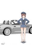  1girl absurdres blue_dress blue_hat brown_hair car commentary_request dress full_body hands_on_own_hips hat highres kantai_collection motor_vehicle sailor_dress short_hair simple_background solo toplow vehicle_request white_background z3_max_schultz_(kancolle) 