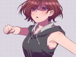  1girl andrian_januar_adilia armpit_crease bare_arms bare_shoulders black_hoodie breasts brown_hair clenched_hand commentary_request drawstring grey_background hair_ornament hairclip higuchi_madoka hood hoodie idolmaster idolmaster_shiny_colors incoming_attack incoming_punch indonesian_commentary looking_at_viewer mole mole_under_eye parted_lips polka_dot polka_dot_background punching purple_eyes shaded_face short_hair simple_background sleeveless sleeveless_hoodie solo upper_body v-shaped_eyebrows 
