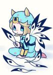  1boy absurdres arm_warmers beanie blonde_hair blue_eyes blue_hat blue_hoodie blue_pants chibi colored_shoe_soles commentary feathers from_behind hair_horns hat heart_ornament highres hood hood_down hoodie horseshoe_hat_ornament horseshoe_ornament johnny_joestar jojo_no_kimyou_na_bouken long_sleeves looking_at_viewer m_a_a_m_8 male_focus medium_hair official_alternate_costume pants sitting solo star_(symbol) star_print steel_ball_run untranslatable_commentary yellow_arm_warmers 