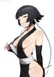  1girl absurdres alternate_breast_size_(larger) bare_shoulders black_eyes black_hair black_hakama black_kimono bleach breasts commentary_request detached_sleeves hakama highres japanese_clothes kimono large_breasts panties panty_straps putcher short_hair sideboob sideless_outfit simple_background smile solo sui-feng underwear white_background white_panties 