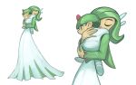  1girl 1other carrying child_carry dress gardevoir garrett_hanna green_hair humanization multiple_views onesie pokemon ralts simple_background toddler white_background white_dress 
