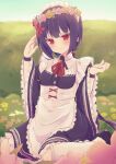  1girl apron black_dress black_hair black_lily_(yuukoku_no_femme_fatale) black_wrist_cuffs blunt_bangs blush closed_mouth collared_dress commentary commission day dress field flower flower_field flower_wreath flying_sweatdrops frilled_apron frilled_dress frilled_socks frills full_body garden grass hair_bobbles hair_ornament hands_up head_wreath highres kneehighs konoquro long_hair long_sleeves looking_at_viewer low_ponytail maid maid_apron maid_headdress neck_ribbon on_ground outdoors pink_flower pink_rose ponytail red_eyes red_flower red_ribbon ribbon rose sidelocks sitting skeb_commission smile socks solo split_mouth twitter_username very_long_hair wariza white_apron white_socks wide_sleeves wrist_cuffs yellow_flower yuukoku_no_femme_fatale 