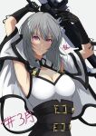  1girl absurdres arms_up artist_name assault_lily belt belt_buckle black_belt black_gloves breasts buckle capelet cleavage closed_mouth commentary_request cross-laced_clothes cross-laced_gloves elbow_gloves gloves grey_background grey_hair hair_between_eyes hashtag hata_matsuri highres holding holding_behind_back holding_weapon holding_weapon_behind_back large_breasts march medium_hair purple_eyes senri_(senri03151221) shirt simple_background sleeveless sleeveless_shirt solo translated underbust upper_body v-shaped_eyebrows weapon white_capelet white_shirt 