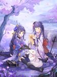  2girls ^_^ absurdres aged_down blanket braid bridal_gauntlets bridge bug butterfly chinese_commentary closed_eyes closed_mouth commentary_request crystalfly_(genshin_impact) falling_petals flower flower_wreath fox genshin_impact hair_flower hair_ornament head_wreath highres issign japanese_clothes kimono kitsune_saiguu long_hair low-braided_long_hair low-tied_long_hair makoto_(genshin_impact) mole mole_under_eye multiple_girls obi oil-paper_umbrella open_mouth petals pink_flower pink_petals purple_butterfly purple_eyes purple_flower purple_hair purple_kimono purple_thighhighs raiden_shogun sash short_kimono siblings sisters sitting smile thighhighs tree twins umbrella very_long_hair water white_kimono 