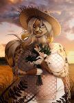 5_fingers absurd_res anthro belly belly_overhang big_breasts biped bouquet breasts cheetah clothed clothed_anthro clothed_female clothing cloud curvy_figure demetra_(yebjiwara) detailed digital_media_(artwork) dress eyebrows eyelashes felid feline female female_anthro field fingerless_(marking) fingers flower flower_bouquet front_view fur furgonomics glistening glistening_eyes gloves_(marking) grass grey_hair hair half-length_portrait hat headgear headwear hi_res highlights_(coloring) holding_flower holding_object huge_breasts king_cheetah long_hair looking_at_viewer mammal markings mature_anthro mature_female multicolored_hair orange_eyes orange_highlights outside overweight overweight_anthro overweight_female plant portrait red_rooster shaded sky slightly_chubby smile smiling_at_viewer solo spots spotted_body spotted_fur standing sun sun_hat sunset tan_body tan_fur thick_thighs white_clothing white_dress white_hair wide_hips