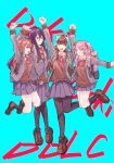  4girls aqua_background backpack bag black_socks black_thighhighs brown_hair brown_shoes brown_sweater_vest closed_eyes closed_mouth commentary doki_doki_literature_club doki_doki_literature_club_school_uniform english_commentary full_body grey_eyes hair_between_eyes hands_up highres jumping long_hair long_sleeves monika_(doki_doki_literature_club) multiple_girls natsuki_(doki_doki_literature_club) oisiiidoo open_mouth pantyhose pink_bag pink_hair pink_ribbon purple_eyes purple_hair purple_skirt purple_suit ribbon sayori_(doki_doki_literature_club) school_uniform shoes short_hair skirt smile socks suit sweater_vest thighhighs yuri_(doki_doki_literature_club) 