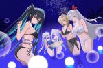  4_pangca 5girls abe_(nikke) absurdres aerial_fireworks aqua_hair ass bikini black_bikini black_hair blonde_hair blue_eyes blue_hair blue_one-piece_swimsuit breasts bubble cinderella_(nikke) colored_inner_hair fireworks goddess_of_victory:_nikke gretel_(nikke) hair_intakes hair_over_one_eye hansel_(nikke) highres little_mermaid_(nikke) long_hair looking_at_viewer multicolored_hair multiple_girls night old_tales_(nikke) one-piece_swimsuit one_eye_covered siblings sky swimsuit twins twintails two-tone_hair very_long_hair white_bikini white_hair white_one-piece_swimsuit yellow_eyes 