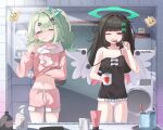  2girls absurdres aqua_halo bare_shoulders bathroom black_camisole black_hair bow breasts brushing_teeth camisole cleavage commentary green_bow green_eyes green_hair hair_bow halo harveythenerdy highres holding holding_toothbrush indoors long_hair looking_at_mirror medium_hair midriff mirror multiple_girls multiple_hair_bows nangong_yu navel one_eye_closed panties pink_shorts pink_sweater purple_eyes shorts small_breasts strap_slip sunna_(zenless_zone_zero) sweater thighs toothbrush underwear washing_machine white_panties white_wings wings zenless_zone_zero 