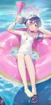  1girl absurdres antenna_hair armband black_shoes blue_archive blue_hair blush bow commentary crocs donut_innertube double_bun feet fubuki_(blue_archive) fubuki_(swimsuit)_(blue_archive) hair_between_eyes hair_bow hair_bun halo head_on_hand head_rest highres holding holding_megaphone innertube kustaru looking_at_viewer lying megaphone multicolored_hair official_alternate_costume official_alternate_hairstyle on_back on_innertube one-piece_swimsuit open_mouth outdoors pink_eyes pink_halo purple_armband school_swimsuit shoes sidelocks single_bare_foot smile solo star_(symbol) swim_ring swimsuit two-tone_hair visor_cap water whistle whistle_around_neck white_bow white_one-piece_swimsuit 