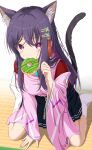  1girl animal_ear_fluff animal_ears black_hair black_skirt breasts cat_ears cat_girl cat_tail commentary donut english_commentary extra_ears food food_in_mouth full_body hair_ornament hair_over_shoulder hairclip hand_up heaven_burns_red highres kemonomimi_mode long_hair long_sleeves looking_at_viewer medium_breasts miniskirt mochimugi_rice nikaidou_misato no_shoes parallel_hairclips paw_pose pleated_skirt purple_eyes sidelocks simple_background sitting skirt socks solo straight_hair tail tail_raised tassel tassel_hair_ornament wariza white_background white_socks wide_sleeves 