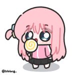  1girl black_skirt blue_eyes bocchi_the_rock! candy chibi chibi_only commentary food full_body gotoh_hitori highres holding holding_candy holding_food holding_lollipop jacket licking lollipop long_hair looking_at_viewer lulalang one_side_up open_mouth pink_hair pink_jacket simple_background skirt solo standing swirl_lollipop twitter_username untranslatable_commentary white_background 