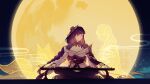  1girl absurdres blunt_bangs braid chinese_commentary closed_mouth commentary_request crossed_legs full_moon genshin_impact hair_ornament hair_ribbon highres huge_moon instrument japanese_clothes kitsune_saiguu koto_(instrument) long_hair looking_down luthiexxx makoto_(genshin_impact) mole mole_under_eye moon music night on_floor outdoors playing_instrument procreate_(medium) purple_eyes purple_hair raiden_shogun ribbon single_braid sitting sky smoke smoke_trail solo spirit yellow_moon 