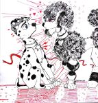 101_dalmatian_street 101_dalmatians black_spots black_tuft blue_eyes canid canine canis dalmatian darkmoonray disney domestic_dog dylan_(101_dalmatians) female feral fur heterochromatic_ears male mammal poodle portia_(101_dalmatian_street) red_eyes spots traditional_media_(artwork) tuft white_body white_fur