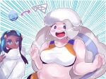  2girls aqua_eyes bike_shorts black_hair blue_eyes blue_eyeshadow blue_hair blush breasts chiimako commentary_request cosplay costume_switch crop_top dark-skinned_female dark_skin earrings eyeshadow fur_collar fur_hat hat hoop_earrings jewelry large_breasts long_hair long_sleeves makeup mature_female melony_(pokemon) melony_(pokemon)_(cosplay) midriff multicolored_hair multiple_girls necklace nessa_(pokemon) nessa_(pokemon)_(cosplay) open_mouth plump pokemon pokemon_swsh sports_bikini sweater teeth two-tone_hair upper_teeth_only ushanka white_hat white_sweater 