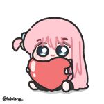  1girl :3 blue_eyes bocchi_the_rock! chibi chibi_only closed_mouth commentary full_body gotoh_hitori heart highres holding holding_heart long_hair looking_at_viewer lulalang one_side_up pink_hair simple_background sitting smile solo twitter_username untranslatable_commentary white_background 