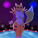  4_fingers anthro azlech black_claws black_nose black_sclera breasts canid canine chest_tuft claws crotch_tuft crowd digimon digimon_(species) digital_media_(artwork) dipstick_tail featureless_breasts featureless_crotch female female_focus fluffy fluffy_tail fur gloves_(marking) group hi_res long_tail mammal markings multicolored_fur multicolored_tail naturally_censored navel neck_tuft pubes renamon socks_(marking) solo_focus standing tuft two_tone_ears two_tone_fur two_tone_tail white_fur yellow_fur 