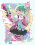  1girl absurdres aqua_border arm_warmers bandaid bandaid_hair_ornament black_skirt blush border bow collar earrings english_text floating_hair fur-trimmed_skirt fur_trim green_bow green_eyes green_hair hair_ornament hashtag-only_commentary heart heart_hair_ornament highres holding holding_megaphone jewelry leg_up leg_warmers megaphone monjja multiple_hair_clips musical_note musical_note_earrings necktie open_mouth pink_arm_warmers pink_bag pink_leg_warmers polka_dot polka_dot_bow red_necktie shirt skirt solo sparkle sparkling_eyes striped_arm_warmers striped_leg_warmers sunna_(zenless_zone_zero) sweatdrop white_shirt white_wings winged_bag wings zenless_zone_zero 